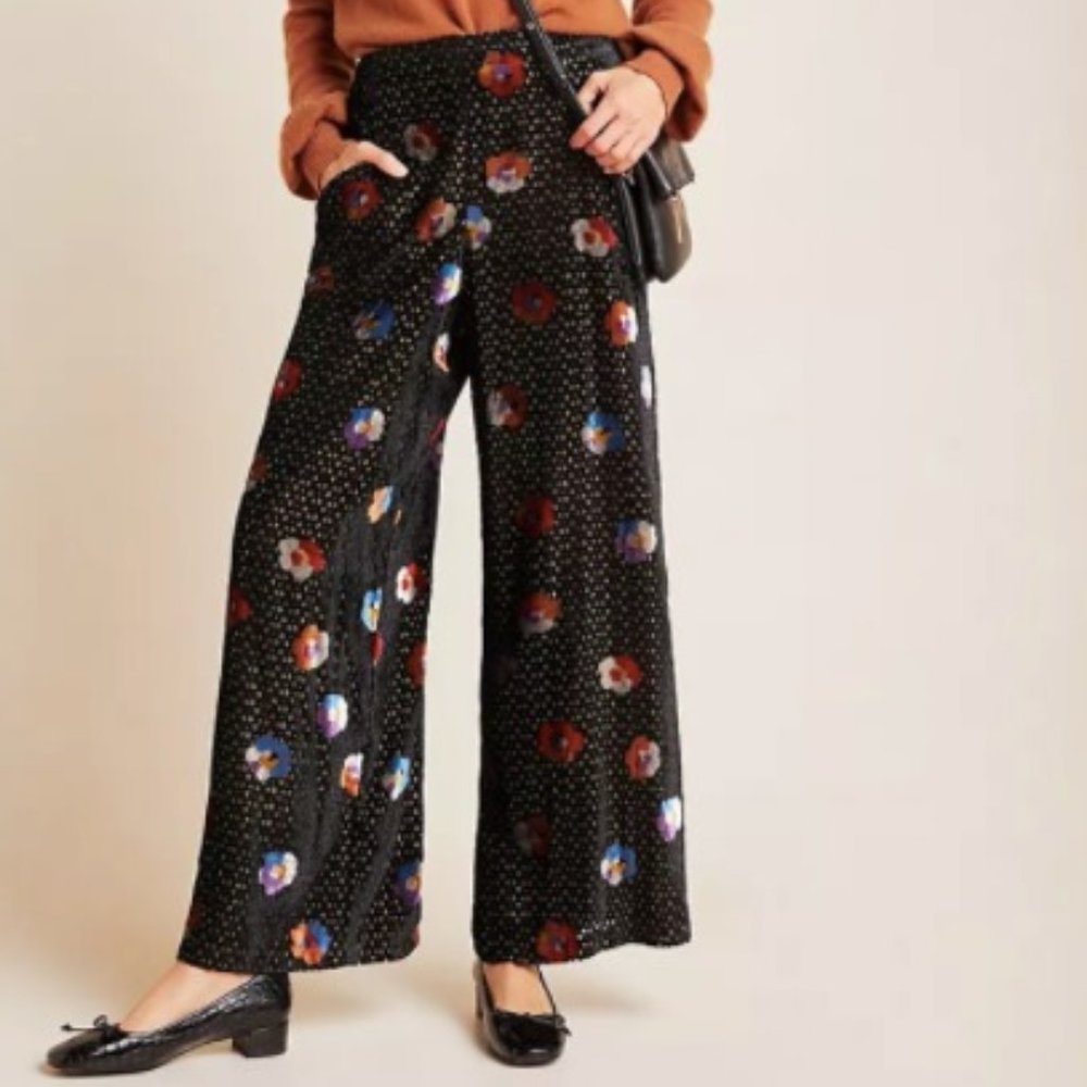 Anthropologie Pasquette Velvet Pants Floral, Black